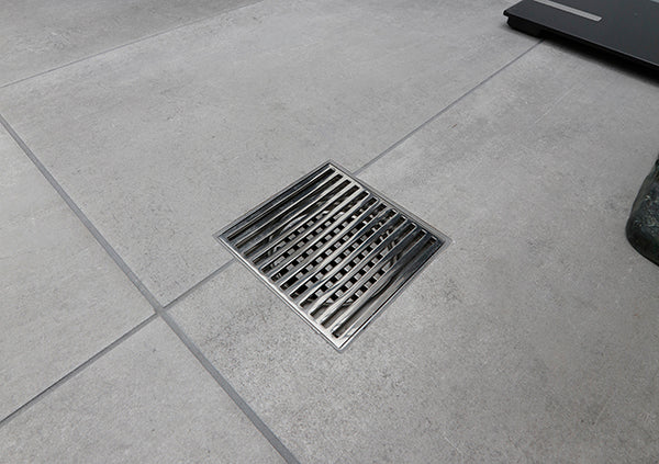Load image into Gallery viewer, 4x4 Shower Drain with Linear Stainless Steel Grate