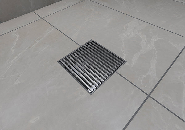 Load image into Gallery viewer, 4x4 Shower Drain with Linear Stainless Steel Grate