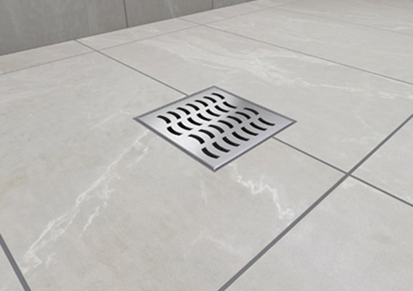 Load image into Gallery viewer, 4x4 Shower Drain with Wave Stainless Steel Grate