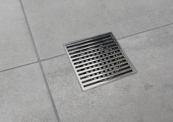 Load image into Gallery viewer, 4x4 Shower Drain with Linear Stainless Steel Grate